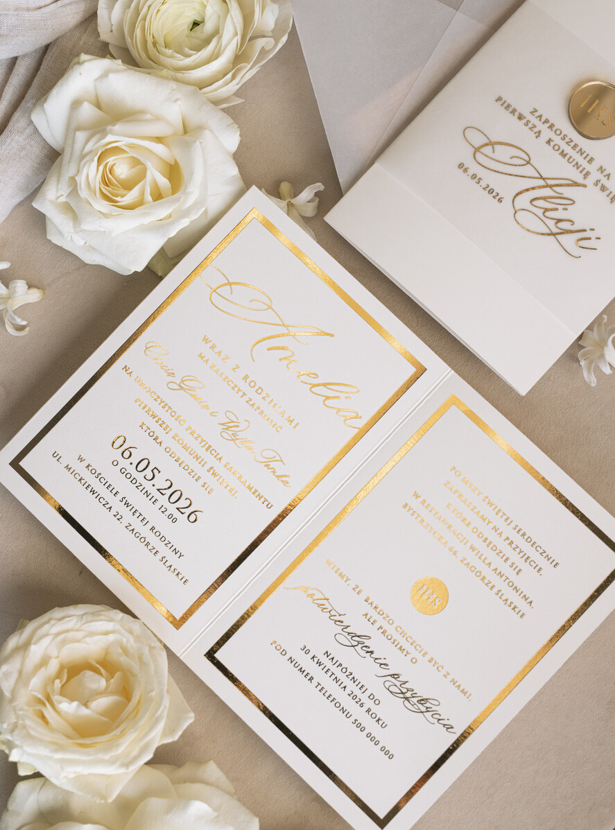 Zaproszenia na Komunię  dziewczynka  Złote Zaproszenia Komunijne Dla Dziewczynki, Zaproszenia Na Pierwszą Komunię ,Złote Zaproszenie Na Komunię, Składane złote zaproszenia komunijne6