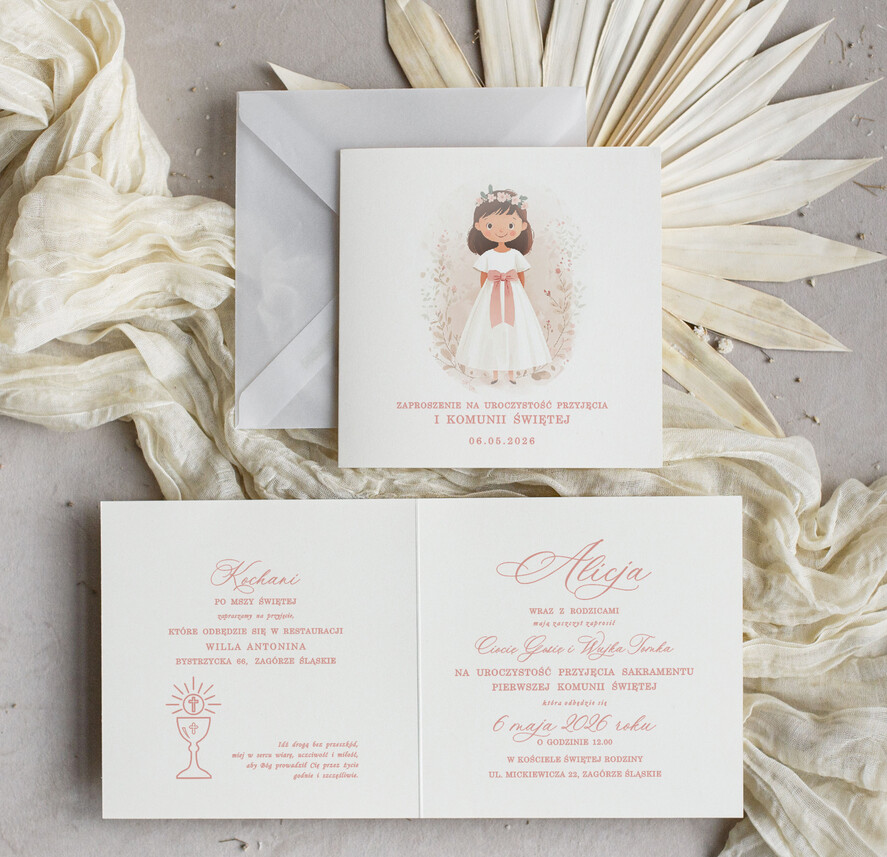 Zaproszenia na Komunię  dziewczynka  delikatne zaproszenia Komunijne Eleganckie zaproszenia komunijne dla dziewczynki, proste zaproszenie na komunię Swiętą, zaproszenia na komunię z personalizacją 2