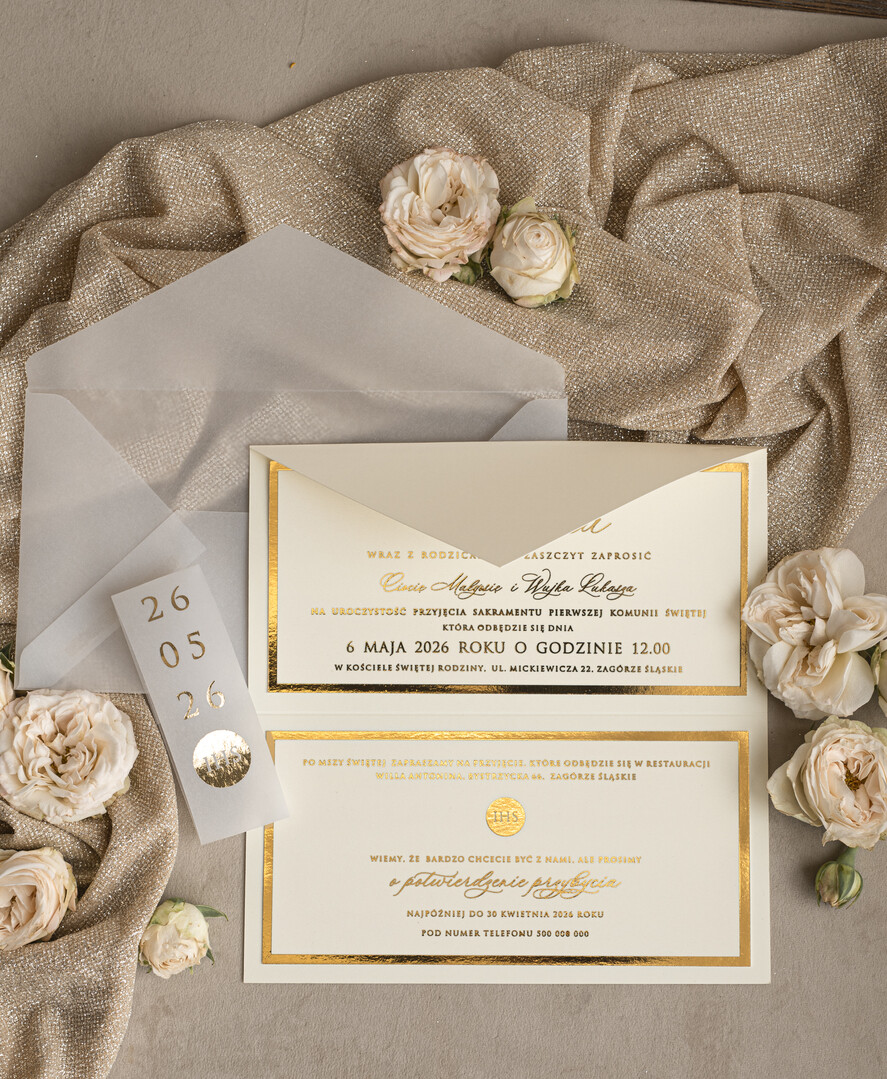 Zaproszenia na Komunię  dziewczynka  Eleganckie Zaproszenia Komunijne Dla Dziewczynki, Zaproszenia Na Pierwszą Komunię ,Złote Zaproszenia Na Komunię, Składane złote zaproszenia komunijne 1