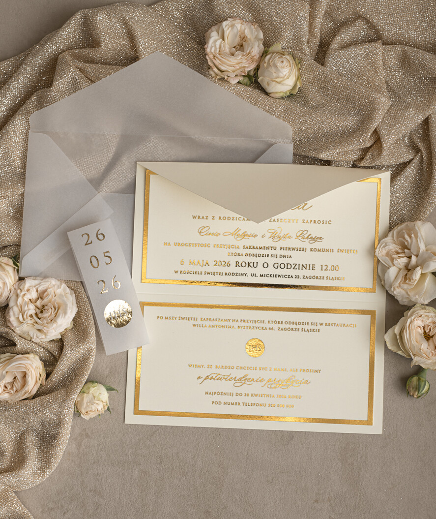 Zaproszenia na Komunię  dziewczynka  Eleganckie Zaproszenia Komunijne Dla Dziewczynki, Zaproszenia Na Pierwszą Komunię ,Złote Zaproszenia Na Komunię, Składane złote zaproszenia komunijne 2