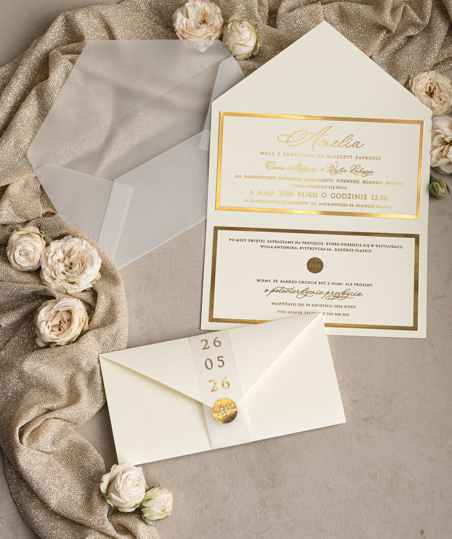 Zaproszenia na Komunię  dziewczynka  Eleganckie Zaproszenia Komunijne Dla Dziewczynki, Zaproszenia Na Pierwszą Komunię ,Złote Zaproszenia Na Komunię, Składane złote zaproszenia komunijne 8