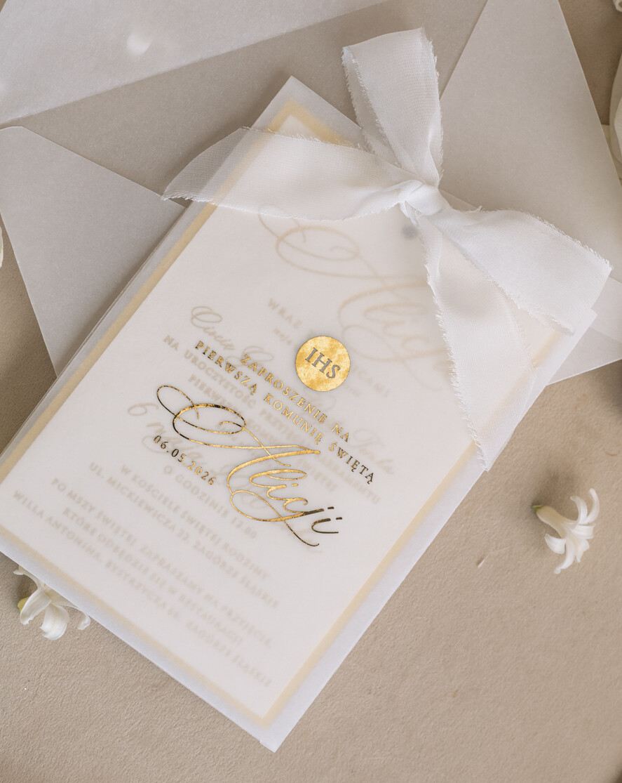 Zaproszenia na Komunię  dziewczynka  komunijne złote zaproszenia, zaproszenia na Pierwszą komunię w kieszonce ze wstążką, zaproszenie w kieszonce na komunię 1