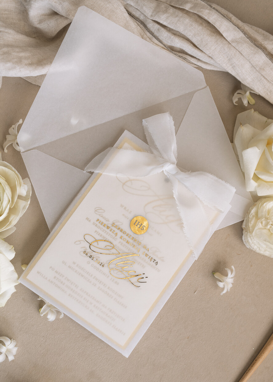 Zaproszenia na Komunię  dziewczynka  komunijne złote zaproszenia, zaproszenia na Pierwszą komunię w kieszonce ze wstążką, zaproszenie w kieszonce na komunię 2