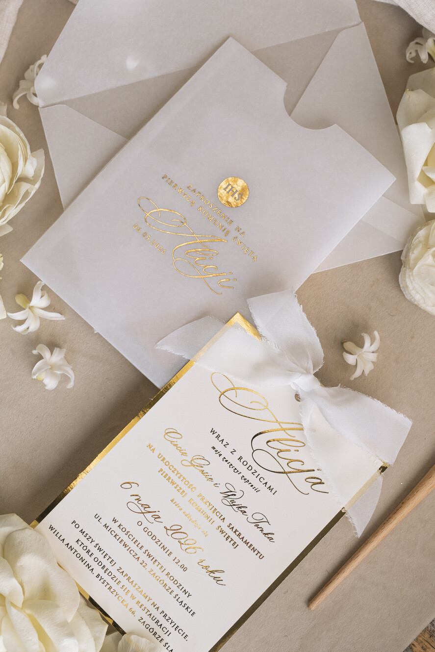Zaproszenia na Komunię  dziewczynka  komunijne złote zaproszenia, zaproszenia na Pierwszą komunię w kieszonce ze wstążką, zaproszenie w kieszonce na komunię 4