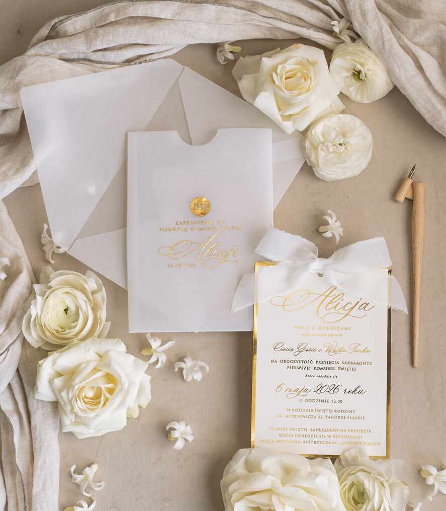 Zaproszenia na Komunię  dziewczynka  komunijne złote zaproszenia, zaproszenia na Pierwszą komunię w kieszonce ze wstążką, zaproszenie w kieszonce na komunię 8