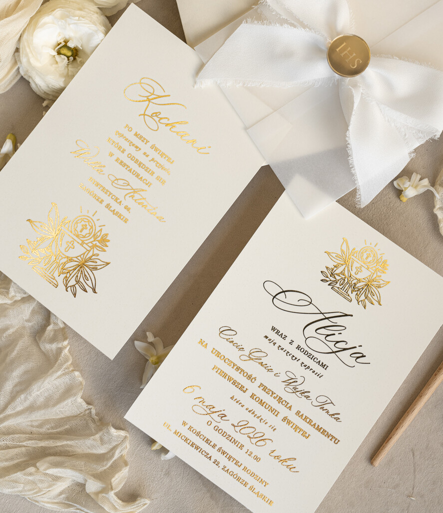 Zaproszenia na Komunię  dziewczynka  Nietypowe zaproszenia komunijne dla dziewczynki, zaproszenia na komunię ze wstążką, złote zaproszenia na komunię, zaproszenia na Pierwszą Komunię5