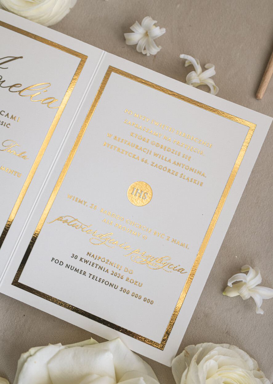 Zaproszenia na Komunię  dziewczynka  Nowoczesne zaproszenia na Komunię, Złote Zaproszenia na Komunię dla dziewczynki, Eleganckie zaproszenia Komunijne ze złotymi literami4
