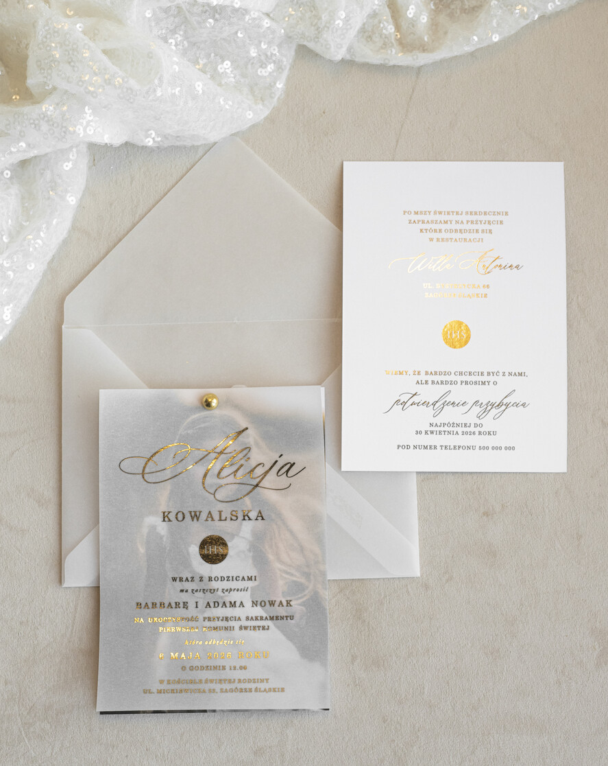 Zaproszenia na Komunię  dziewczynka  proste nowoczesne zaroszenia na komunię, komunijne ze zdjeciem kalkowe 5