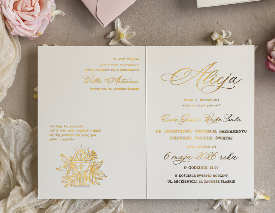 Zaproszenia na Komunię  dziewczynka  perełkowe zaproszenia na komunię dla dziewczynki, ręcznie robione zaproszenia na komunię złote komunijne zaproszenia dla dziewczynki z perełkami 2