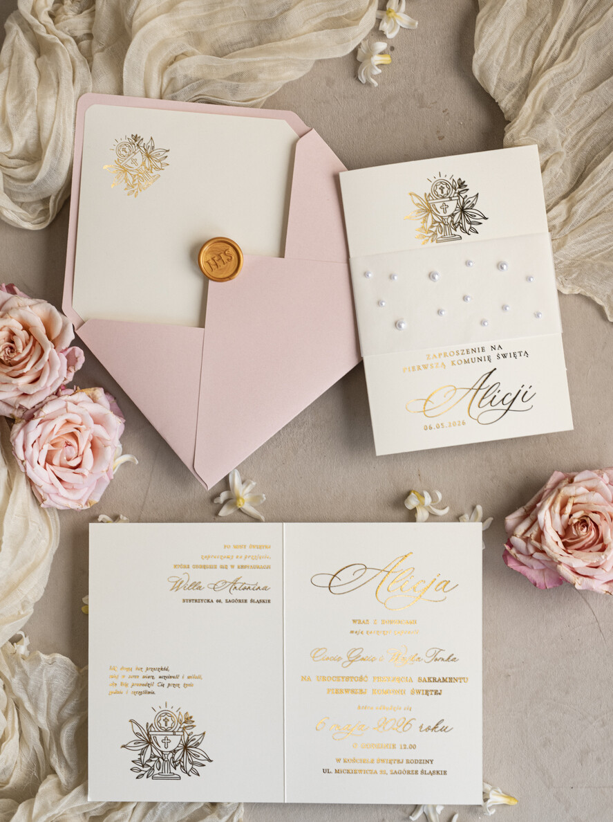 Zaproszenia na Komunię  dziewczynka  perełkowe zaproszenia na komunię dla dziewczynki, ręcznie robione zaproszenia na komunię złote komunijne zaproszenia dla dziewczynki z perełkami 4