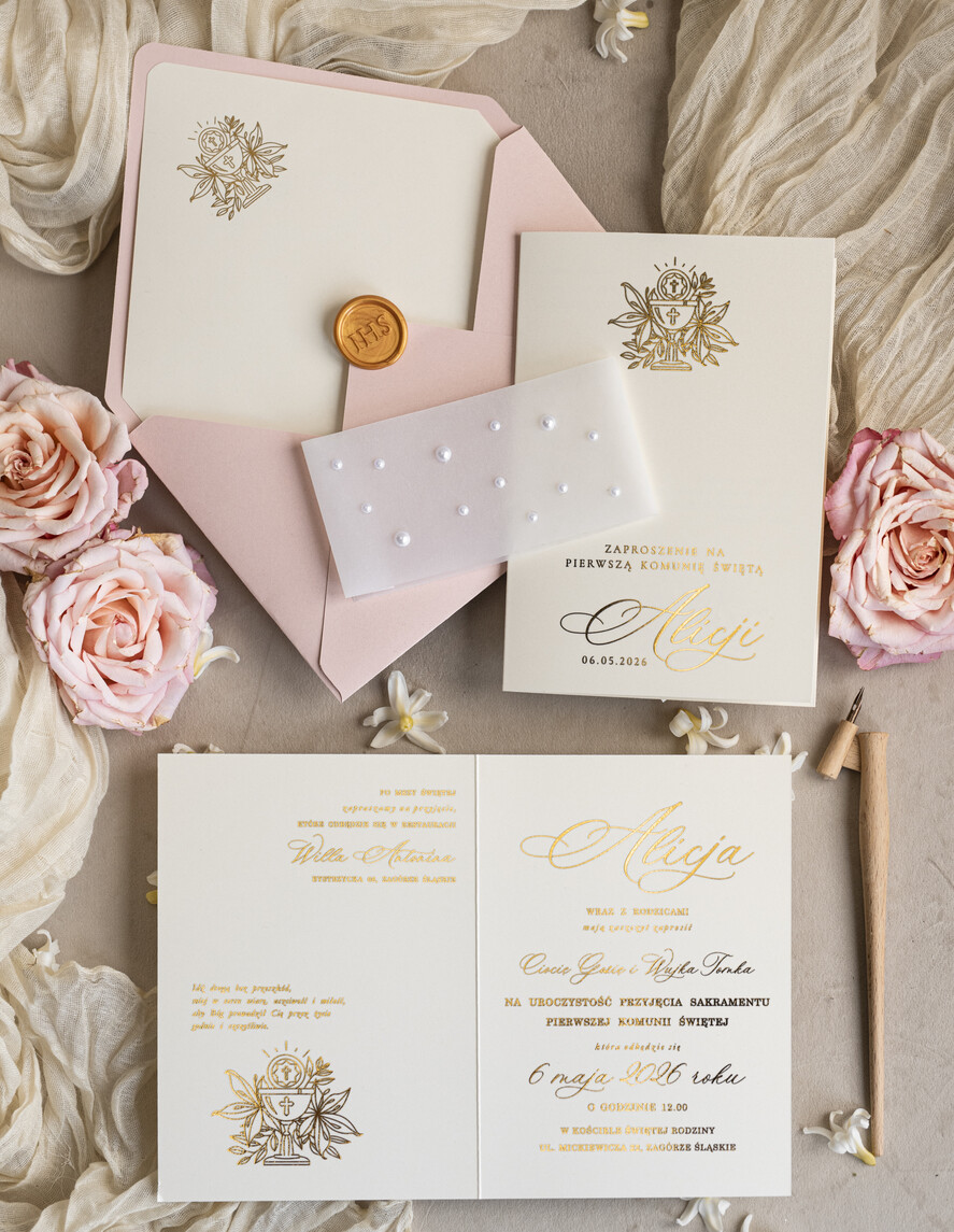 Zaproszenia na Komunię  dziewczynka  perełkowe zaproszenia na komunię dla dziewczynki, ręcznie robione zaproszenia na komunię złote komunijne zaproszenia dla dziewczynki z perełkami 7