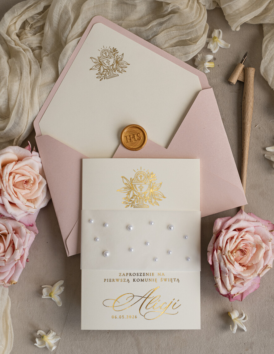 Zaproszenia na Komunię  dziewczynka  perełkowe zaproszenia na komunię dla dziewczynki, ręcznie robione zaproszenia na komunię złote komunijne zaproszenia dla dziewczynki z perełkami 8