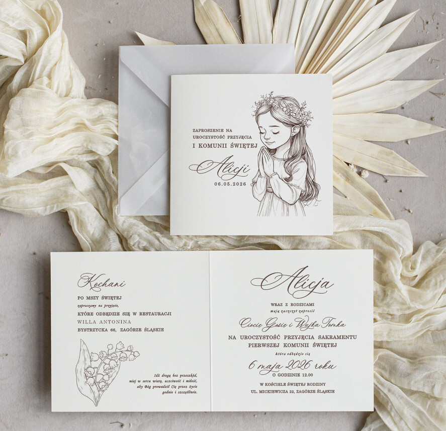 Zaproszenia na Komunię  dziewczynka  personalizowane zaproszenia Komunijne Eleganckie zaproszenia komunijne dla dziewczynki, proste zaproszenie na komunię Swiętą, zaproszenia na Pierwszą Komunie Świętą 1