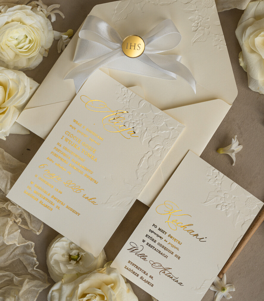 Zaproszenia na Komunię  dziewczynka    Eleganckie zaproszenia komunijne dla dziewczynki, zaproszenia na komunię z tłoczeniem, złote zaproszenia na komunię, zaproszenia na Pierwszą Komunię0