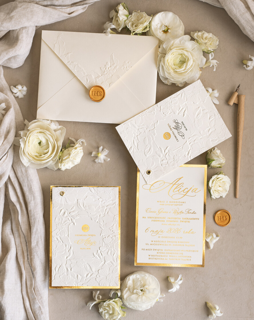 Zaproszenia na Komunię  dziewczynka  Oryginalne zaproszenia na Komunię, Tłoczone zaproszenia na Komunię, Złote Zaproszenia na Komunię dla dziewczynki, Eleganckie zaproszenia Komunijne ze złotymi literami1