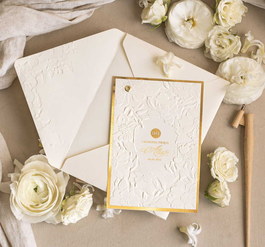 Zaproszenia na Komunię  dziewczynka  Oryginalne zaproszenia na Komunię, Tłoczone zaproszenia na Komunię, Złote Zaproszenia na Komunię dla dziewczynki, Eleganckie zaproszenia Komunijne ze złotymi literami7