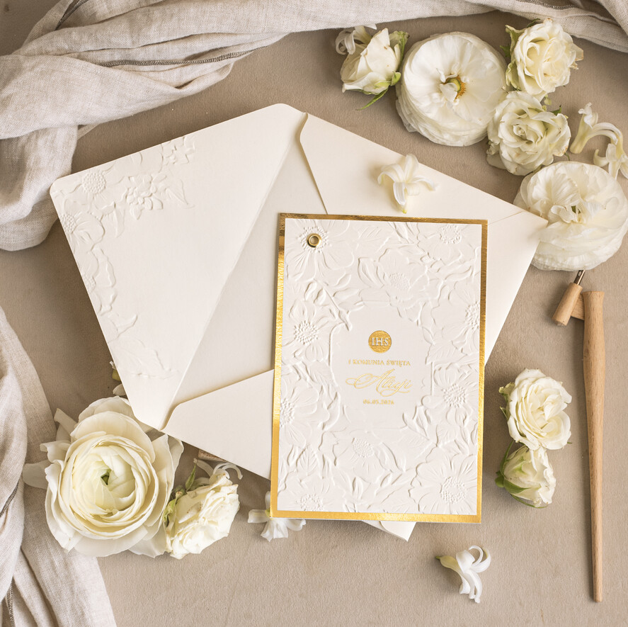 Zaproszenia na Komunię  dziewczynka  Oryginalne zaproszenia na Komunię, Tłoczone zaproszenia na Komunię, Złote Zaproszenia na Komunię dla dziewczynki, Eleganckie zaproszenia Komunijne ze złotymi literami9
