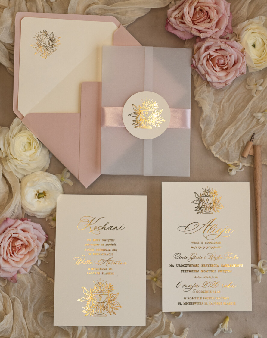 Zaproszenia na Komunię  dziewczynka  różowe delikatne zaproszenie Komunijne, eleganckie zaproszenia na Komunię , Złote Zaproszenia na Komunię dla dziewczynki, zaproszenia Komunijne ze złotymi literami4