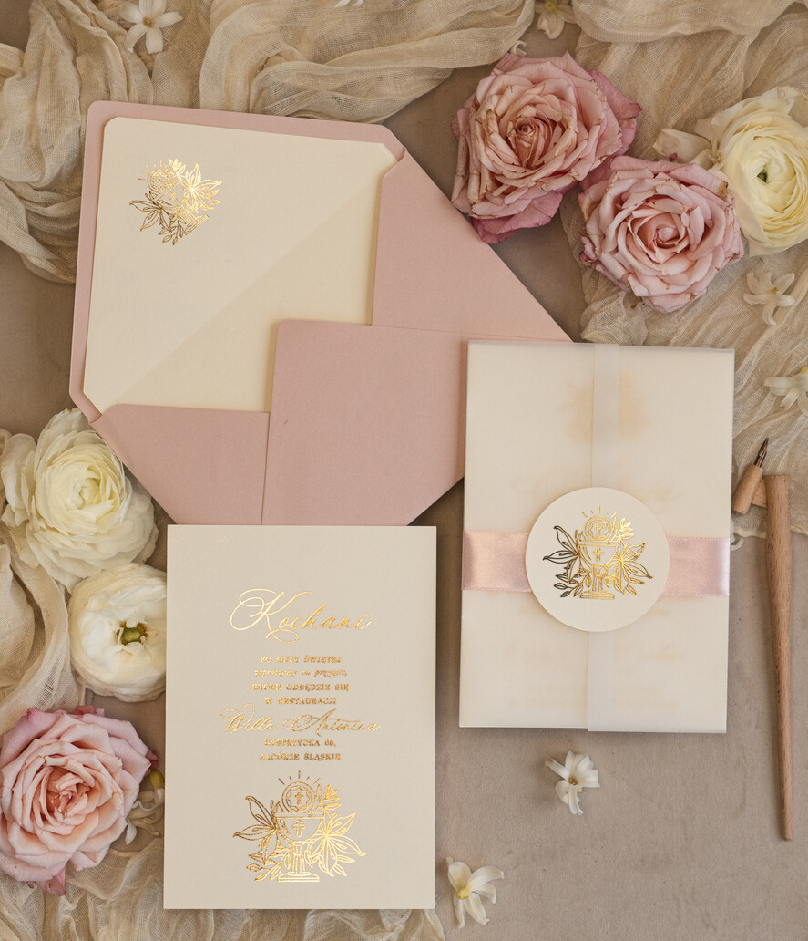 Zaproszenia na Komunię  dziewczynka  różowe delikatne zaproszenie Komunijne, eleganckie zaproszenia na Komunię , Złote Zaproszenia na Komunię dla dziewczynki, zaproszenia Komunijne ze złotymi literami5