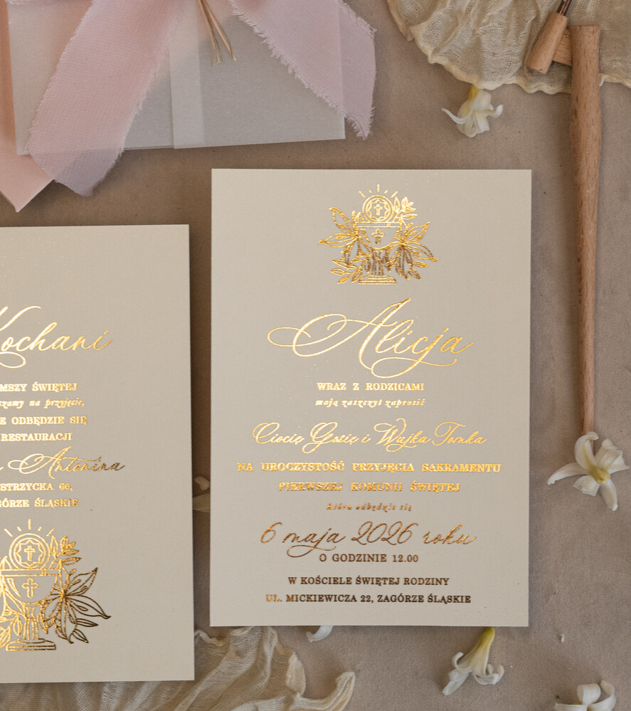 Zaproszenia na Komunię  dziewczynka  różowe delikatne zaproszenie Komunijne, eleganckie zaproszenia na Komunię , Złote Zaproszenia na Komunię dla dziewczynki, zaproszenia Komunijne ze złotymi literami8