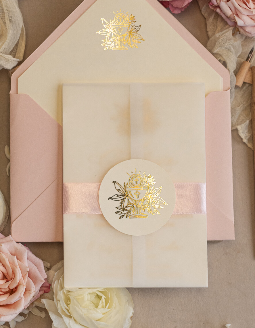 Zaproszenia na Komunię  dziewczynka  różowe delikatne zaproszenie Komunijne, eleganckie zaproszenia na Komunię , Złote Zaproszenia na Komunię dla dziewczynki, zaproszenia Komunijne ze złotymi literami9