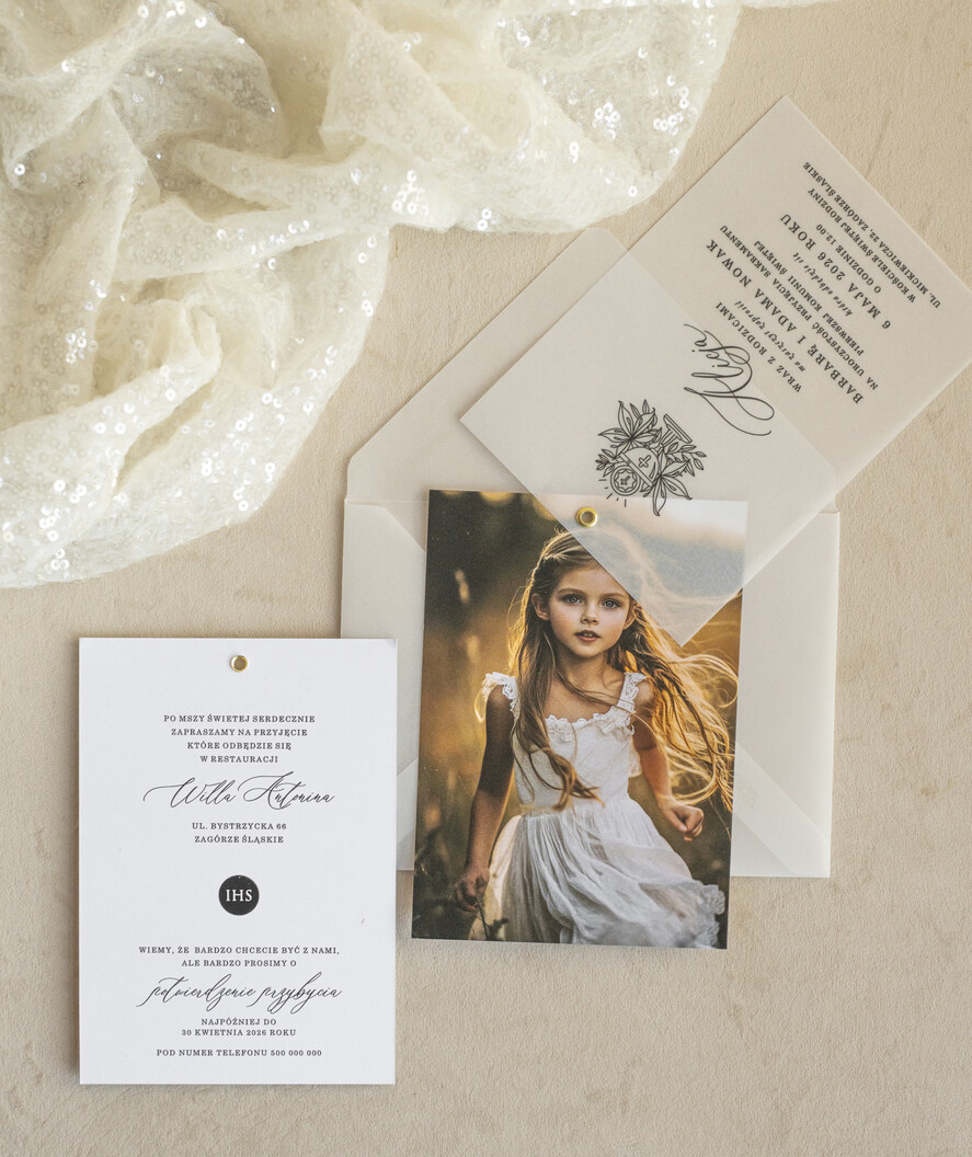 Zaproszenia na Komunię  dziewczynka  proste nowoczesne zaroszenia na komunię, komunijne ze zdjeciem kalkowe 0