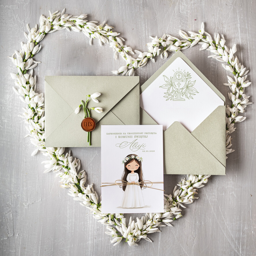 Zaproszenia na Komunię  dziewczynka  personalizowane zaproszenia Komunijne proste zaproszenie na komunię zaproszenia na komunię ze sznurkiem1