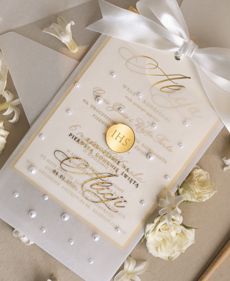 Zaproszenia na Komunię  dziewczynka  Perełkowe zaproszenia komunijne dla dziewczynki, zaproszenia na komunię z perełkami, złote zaproszenia na komunię, zaproszenia na Pierwszą Komunię9