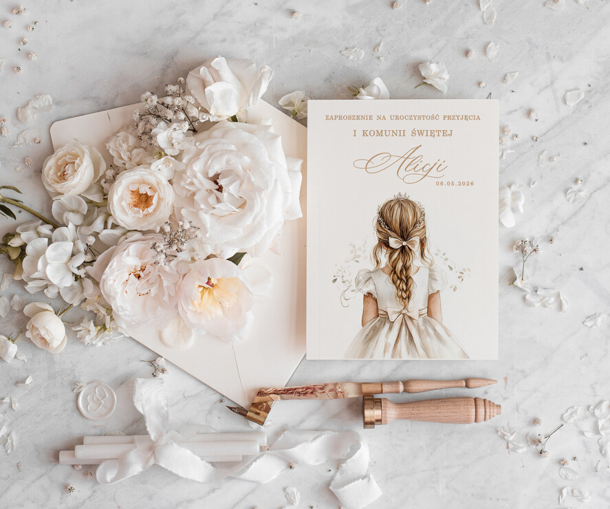 Zaproszenia na Komunię  dziewczynka  delikatne zaproszenia Komunijne Eleganckie zaproszenia komunijne dla dziewczynki, proste zaproszenie na komunię Swiętą, zaproszenia na komunię z personalizacją 1