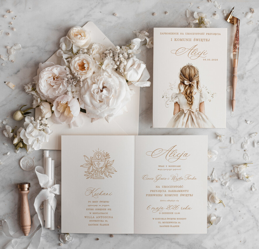 Zaproszenia na Komunię  dziewczynka  delikatne zaproszenia Komunijne Eleganckie zaproszenia komunijne dla dziewczynki, proste zaproszenie na komunię Swiętą, zaproszenia na komunię z personalizacją 0