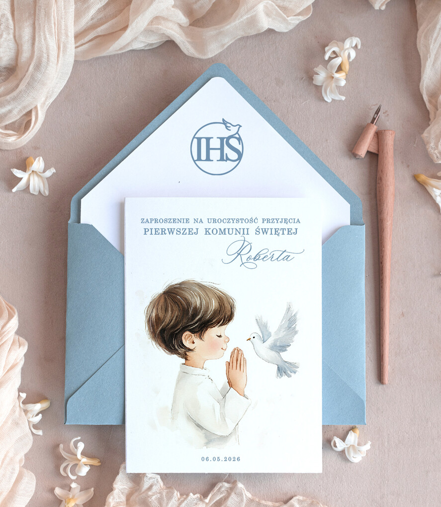 Zaproszenia na Komunię  chłopiec personalizowane zaproszenia Komunijne proste zaproszenie na komunię niebieskie zaproszenia na komunię ze sznurkiem1