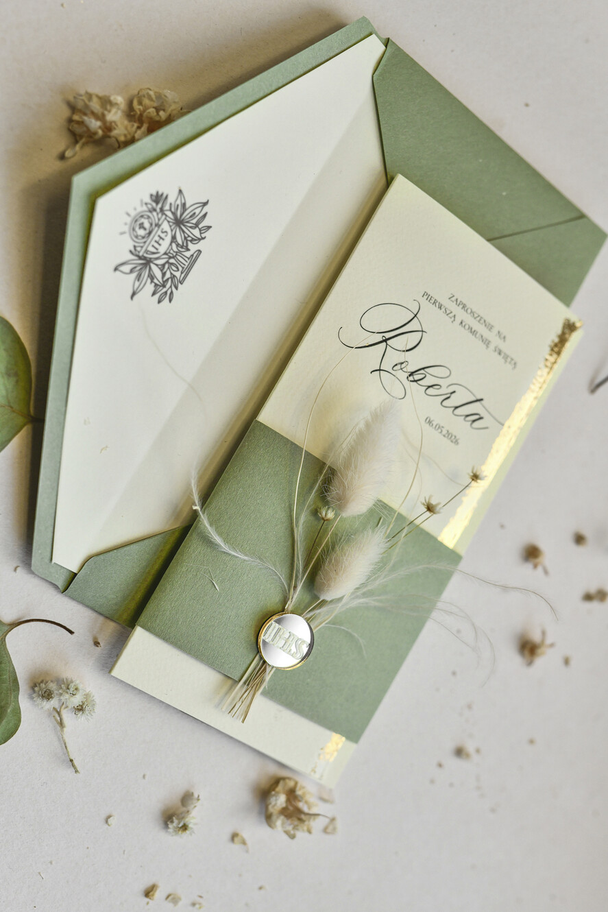 Zaproszenia na Komunię  chłopiec Podłużne szałwiowe złocone zaproszenia na Komunię nowoczesne   Zaproszenia komunijne personalizowane1