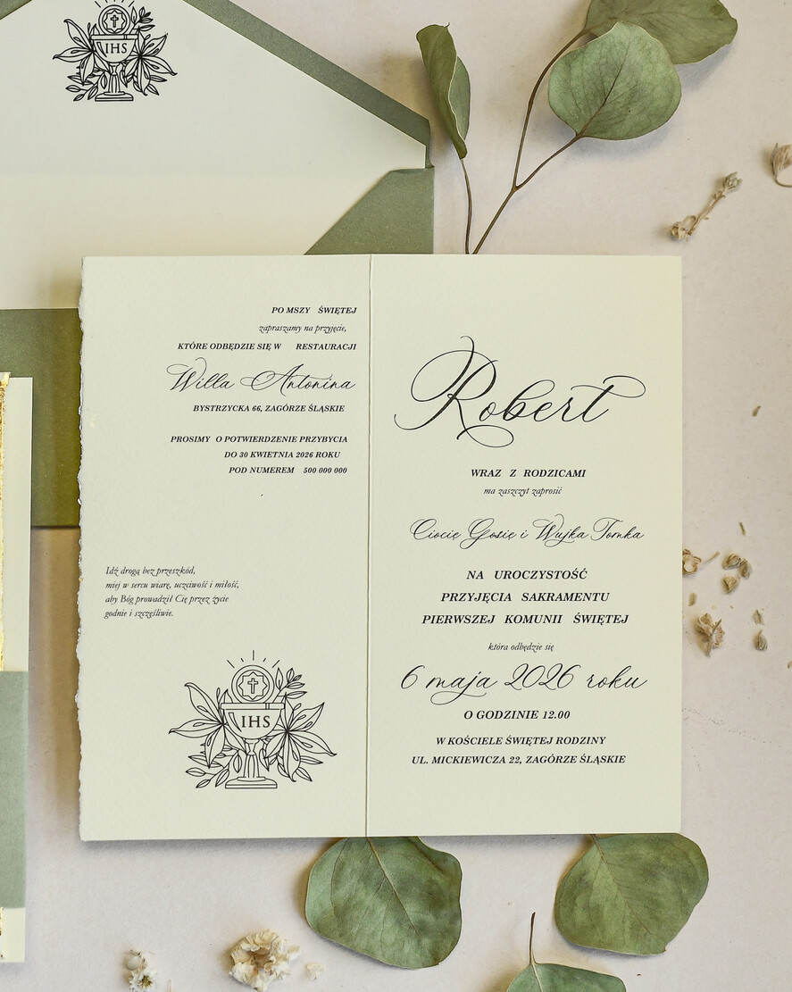Zaproszenia na Komunię  chłopiec Podłużne szałwiowe złocone zaproszenia na Komunię nowoczesne   Zaproszenia komunijne personalizowane5
