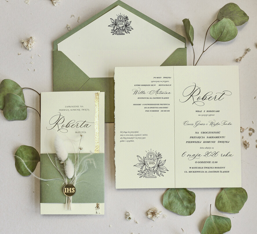 Zaproszenia na Komunię  chłopiec Podłużne szałwiowe złocone zaproszenia na Komunię nowoczesne   Zaproszenia komunijne personalizowane6