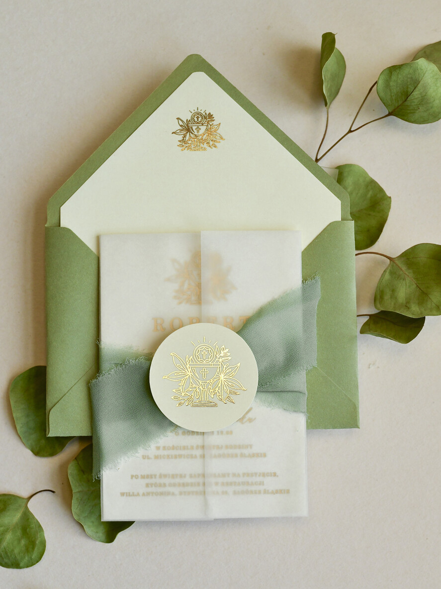 Zaproszenia na Komunię  chłopiec szałwiowe złocone zaproszenia na Komunię nowoczesne  Kalkowe Zaproszenia komunijne personalizowane5