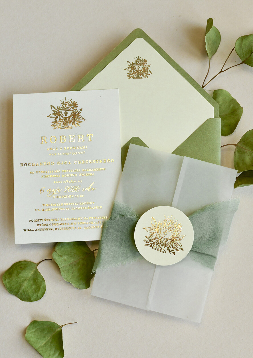 Zaproszenia na Komunię  chłopiec szałwiowe złocone zaproszenia na Komunię nowoczesne  Kalkowe Zaproszenia komunijne personalizowane0