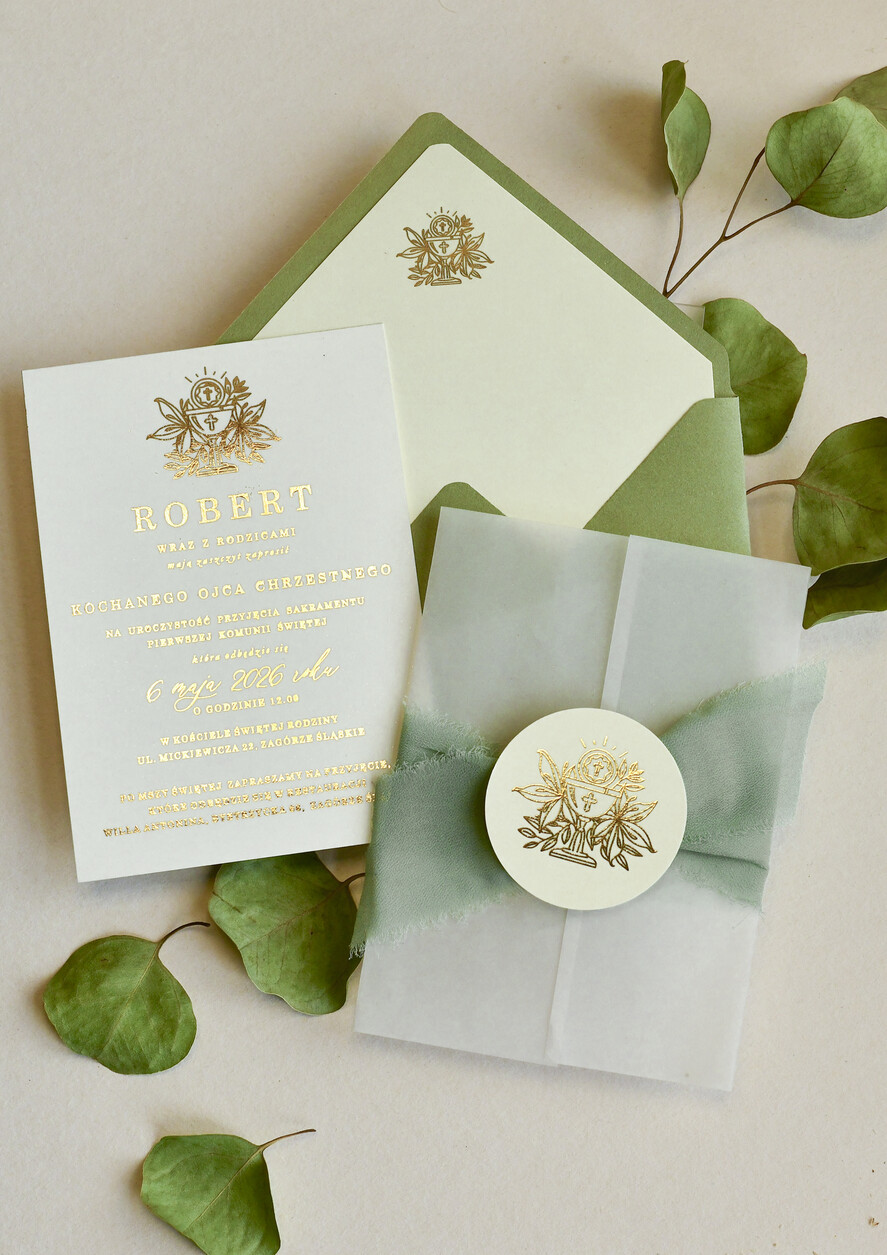 Zaproszenia na Komunię  chłopiec szałwiowe złocone zaproszenia na Komunię nowoczesne  Kalkowe Zaproszenia komunijne personalizowane4