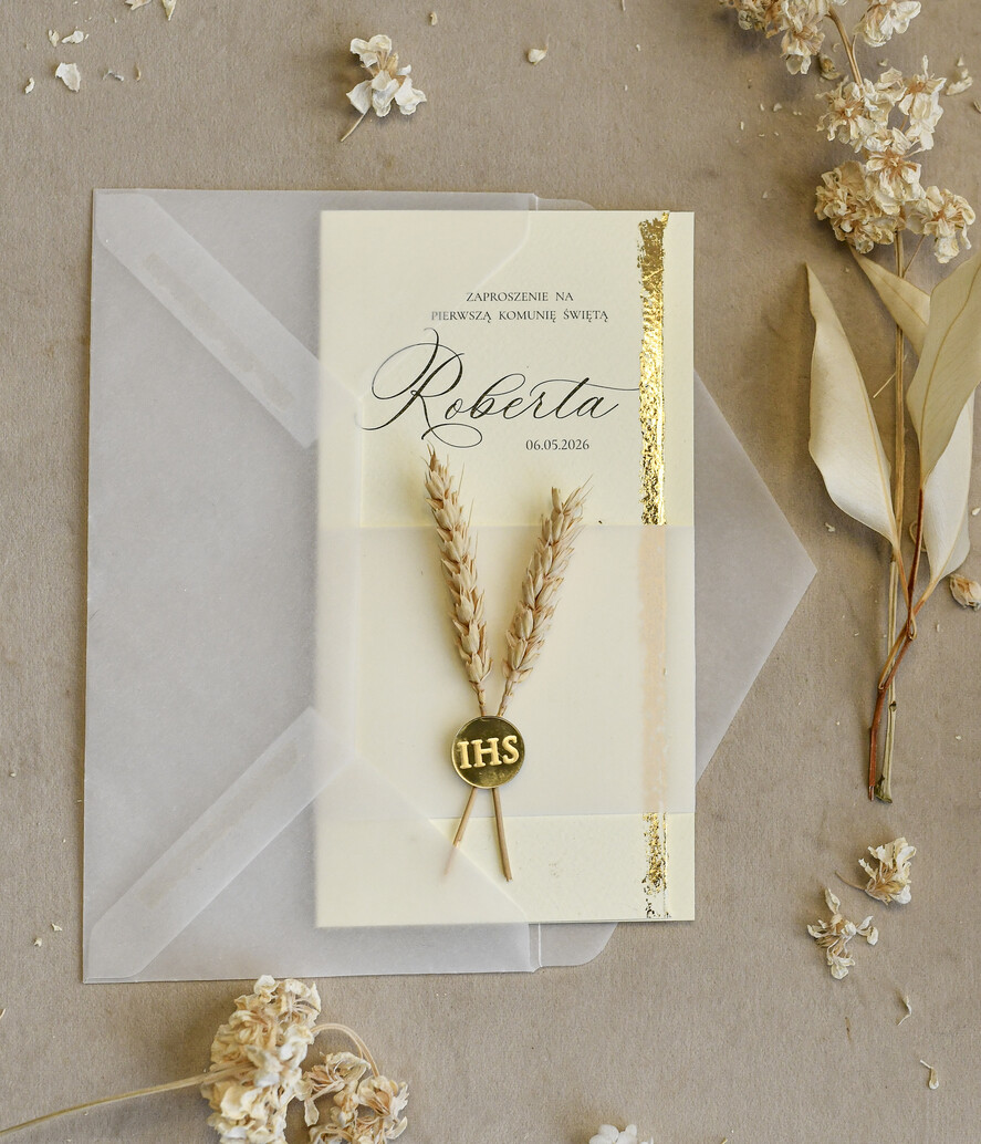 Zaproszenia na Komunię  chłopiec Podłużne szałwiowe złocone zaproszenia na Komunię nowoczesne   Zaproszenia komunijne personalizowane3