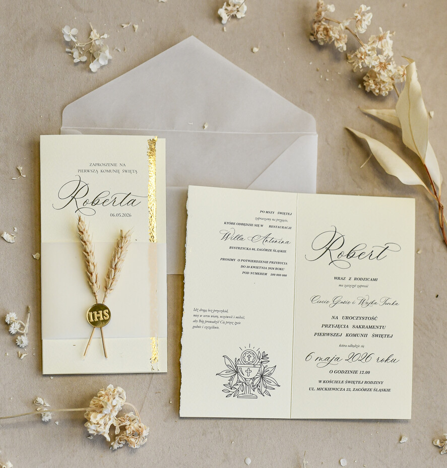 Zaproszenia na Komunię  chłopiec Podłużne szałwiowe złocone zaproszenia na Komunię nowoczesne   Zaproszenia komunijne personalizowane4