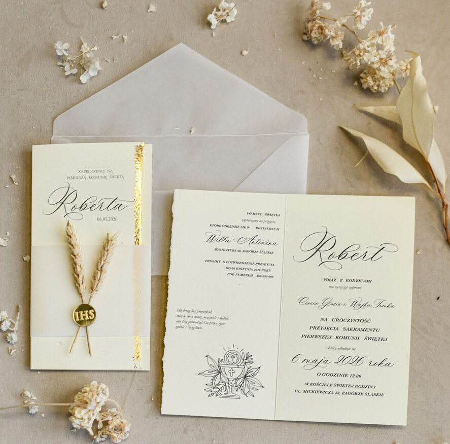 Zaproszenia na Komunię  chłopiec Podłużne szałwiowe złocone zaproszenia na Komunię nowoczesne   Zaproszenia komunijne personalizowane5