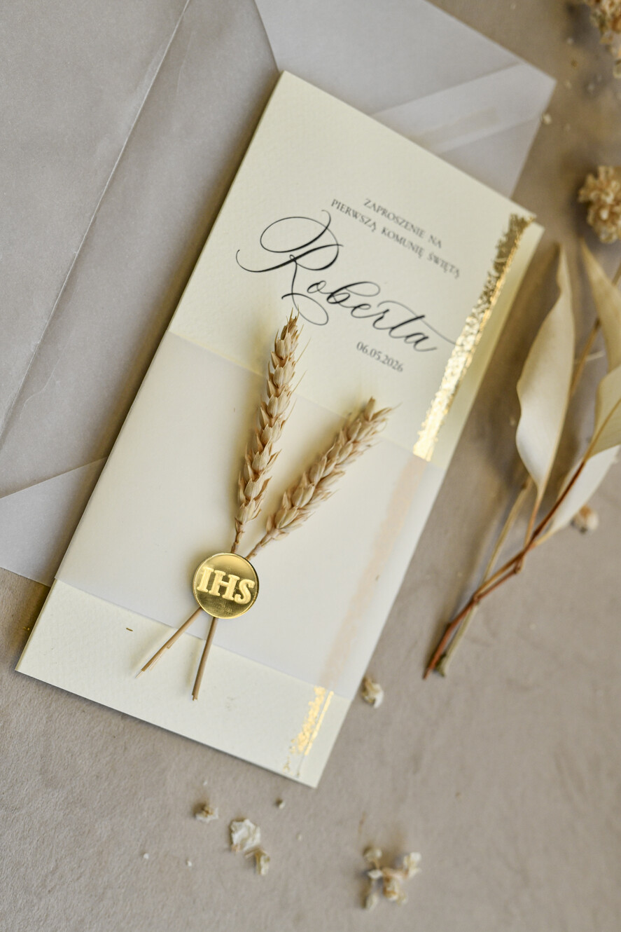 Zaproszenia na Komunię  chłopiec Podłużne szałwiowe złocone zaproszenia na Komunię nowoczesne   Zaproszenia komunijne personalizowane6