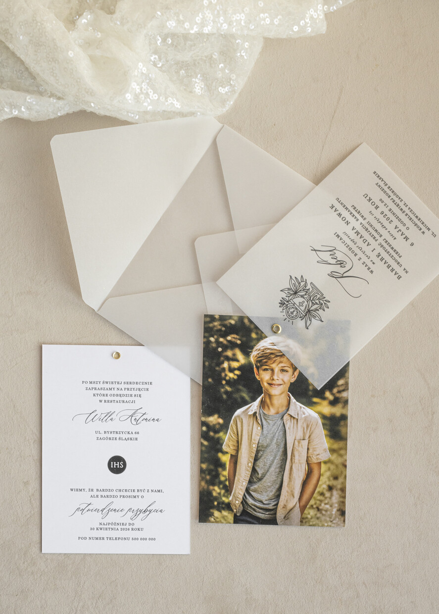Zaproszenia na Komunię  chłopiec zaproszenia na Komunię ze zdjęciem  Kalkowe Zaproszenia komunijne personalizowane0