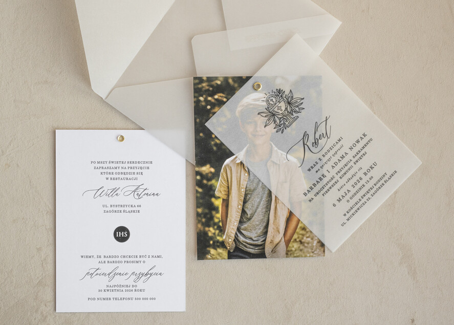 Zaproszenia na Komunię  chłopiec zaproszenia na Komunię ze zdjęciem  Kalkowe Zaproszenia komunijne personalizowane4