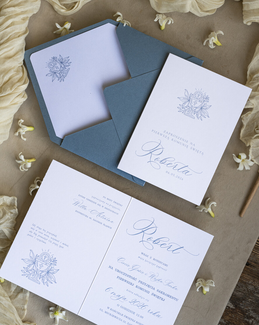 Zaproszenia na Komunię  chłopiec niebieskie personalizowane zaproszenia Komunijne proste zaproszenie na komunię dla chłopca zaproszenia na komunię ze sznurkiem zaproszenia na komunię świetą 1