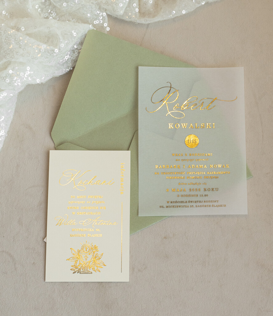 Zaproszenia na Komunię  chłopiec szałwiowe złocone zaproszenia na Komunię  Kalkowe Zaproszenia komunijne personalizowane2
