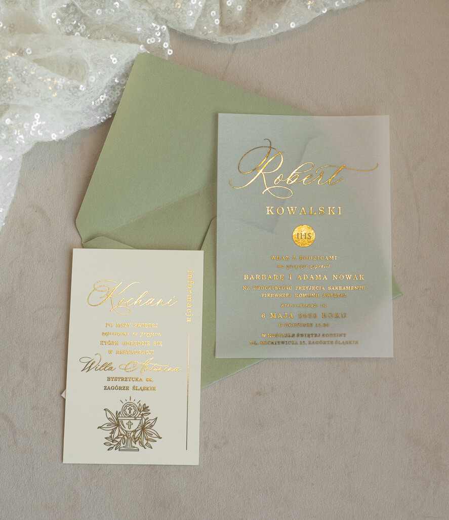 Zaproszenia na Komunię  chłopiec szałwiowe złocone zaproszenia na Komunię Kalkowe Zaproszenia komunijne personalizowane zaproszenia komunijne dla chłopca0