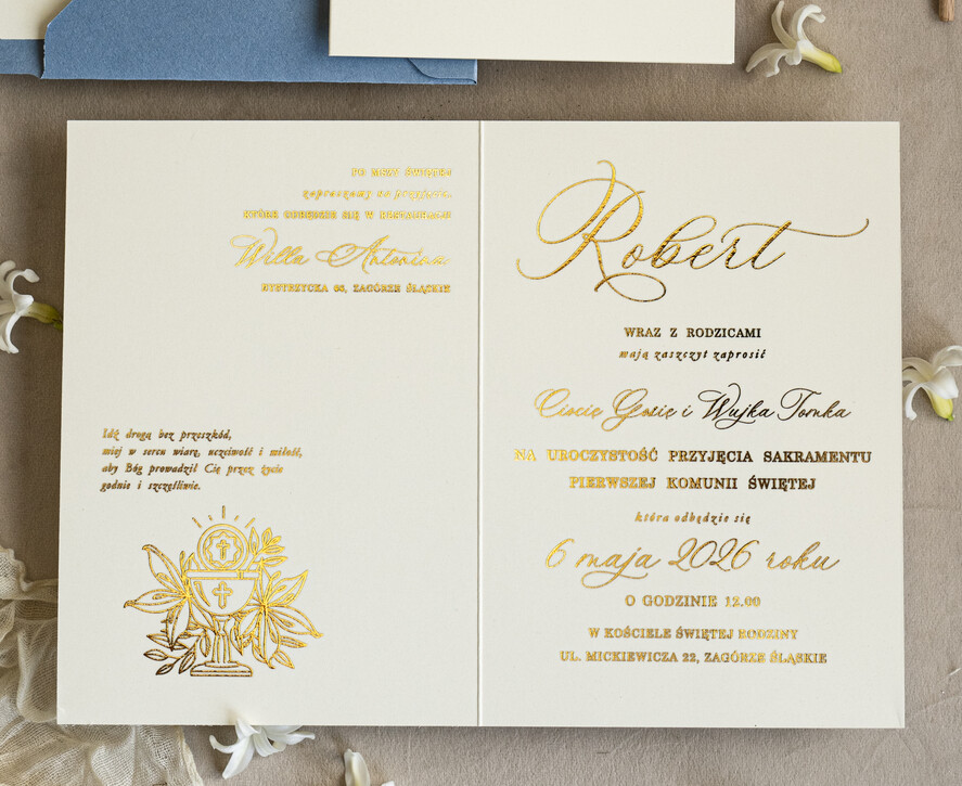 Zaproszenia na Komunię  chłopiec złote lub srebrne ręcznie robione zaroszenia komunijne nietypowe zaproszenie na komunie personalizowane zaproszenia Komunijne proste zaproszenie na komunię dla chłopca3