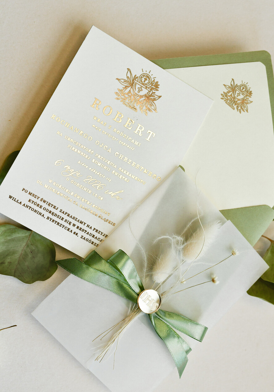 Zaproszenia na Komunię  chłopiec szałwiowe złocone zaproszenia na Komunię nowoczesne  Kalkowe Zaproszenia komunijne personalizowane1