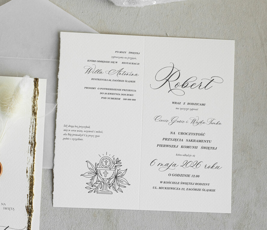 Zaproszenia na Komunię  chłopiec  złocone zaproszenia na Komunię  Kalkowe Zaproszenie komunijne personalizowane2