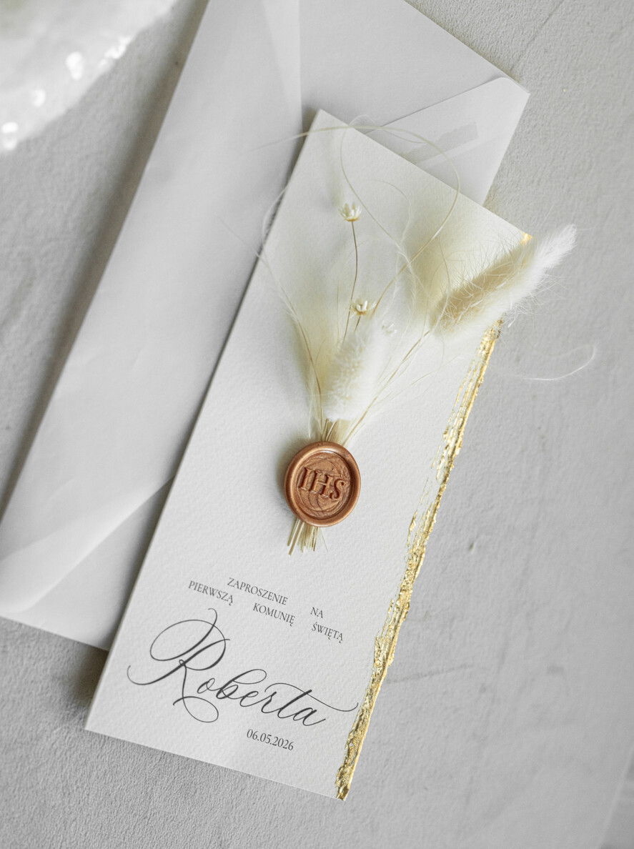 Zaproszenia na Komunię  chłopiec  złocone zaproszenia na Komunię  Kalkowe Zaproszenie komunijne personalizowane5